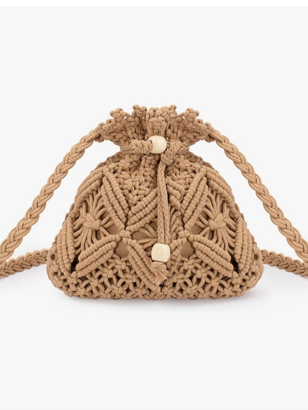 Woven Macramé Drawstring Crossbody Bag - Tan